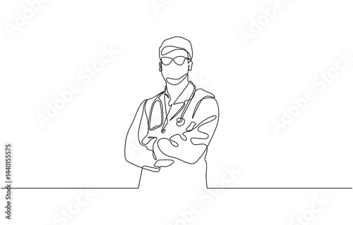 Continuous single line drawing of medical doctor vector illustration, Continuous line drawing of a doctor with stethoscope. One line art of health care concept.
