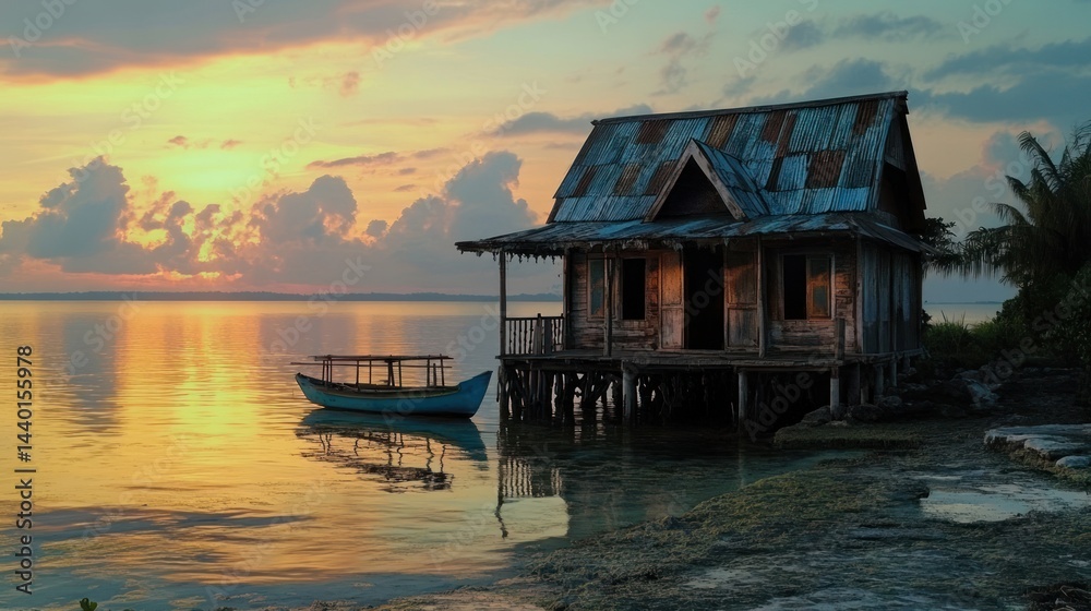 Fototapeta premium Idyllic stilt house at sunset with a boat resting in serene waters