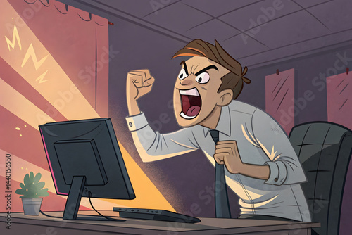 Businessman working at desk with laptop in office illustration