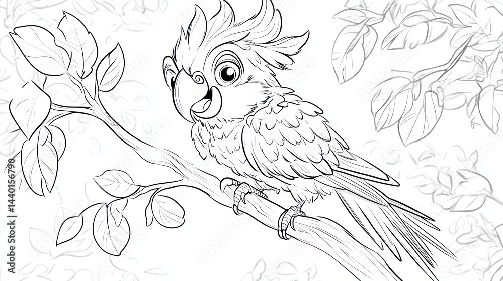 Obraz premium Happy parrot perched on branch, jungle leaves background, coloring page