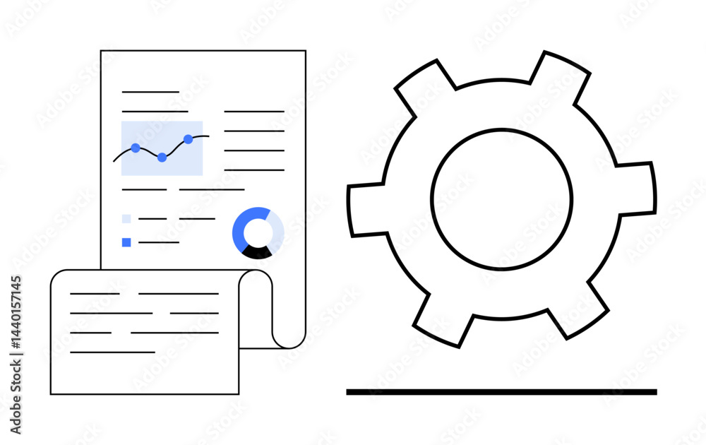 Report with charts, data, and text alongside a gear icon representing analysis, strategy, and workflow. Ideal for analytics, optimization, planning, automation strategy productivity simple landing Report with charts, data, and text alongside a gear icon representing analysis, strategy, and workflow. Ideal for analytics, optimization, planning, automation strategy productivity simple landing