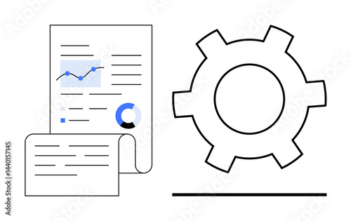 Report with charts, data, and text alongside a gear icon representing analysis, strategy, and workflow. Ideal for analytics, optimization, planning, automation strategy productivity simple landing