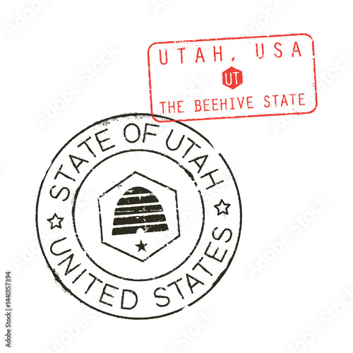 Postal rubber stamps STATE OF UTAH, USA and UT zip code abbreviation. Retro seals for letter envelopes, greeting cards, passports, parcels.