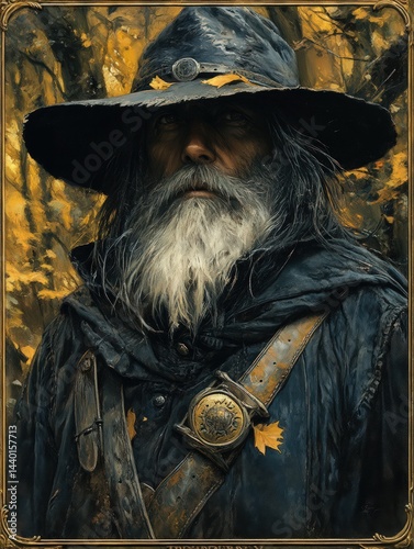 Wizard with long beard wearing a hat and cloak in a forest.