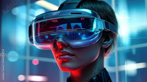 A person engages with advanced virtual reality technology, showcasing the innovative design and vibrant colors of the futuristic setting