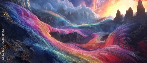 A colorful landscape with a rainbow and mountains in the background