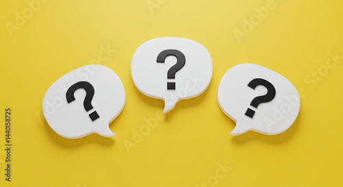 Three white speech bubbles with black question marks on a bright yellow colored background surface view