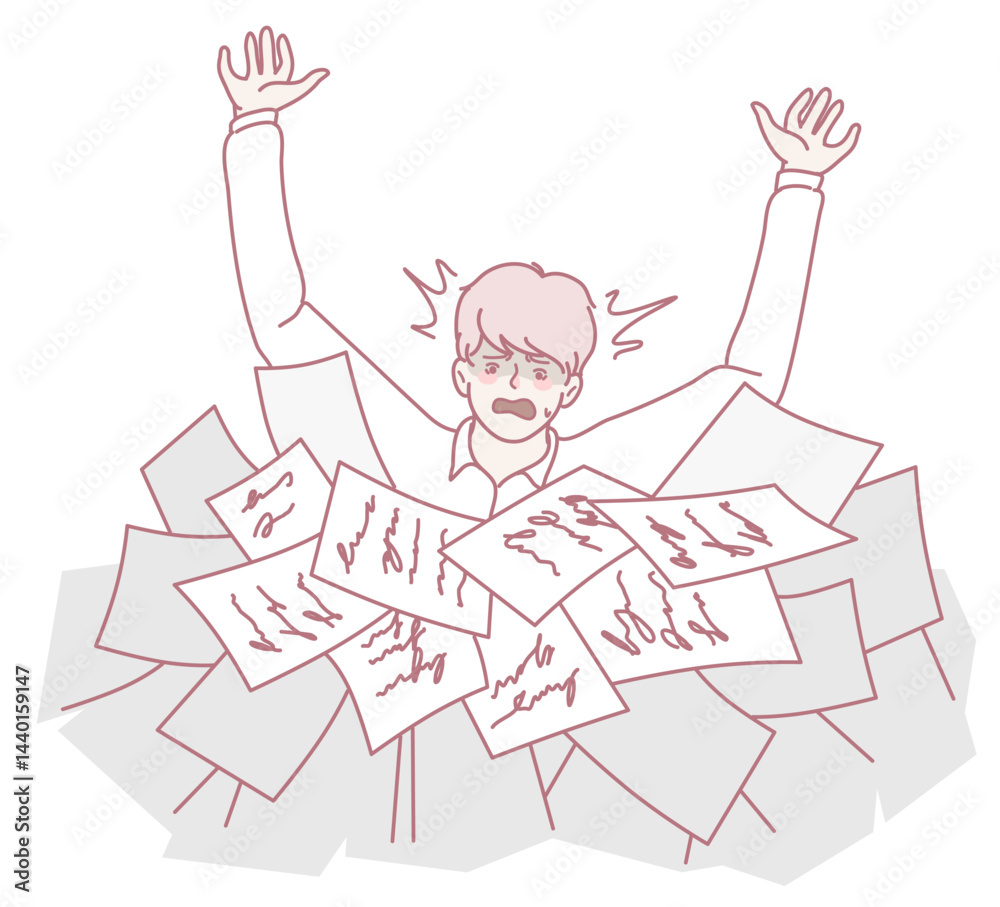 A character overwhelmed by paperwork, highlighting the struggle of managing multiple tasks and stress A character overwhelmed by paperwork, highlighting the struggle of managing multiple tasks and stress