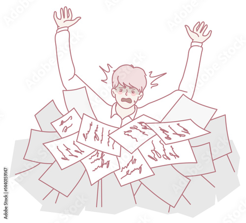 A character overwhelmed by paperwork, highlighting the struggle of managing multiple tasks and stress
