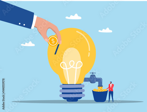 Money idea,Businessman’s Hand Placing a Coin into  Lightbulb for making money