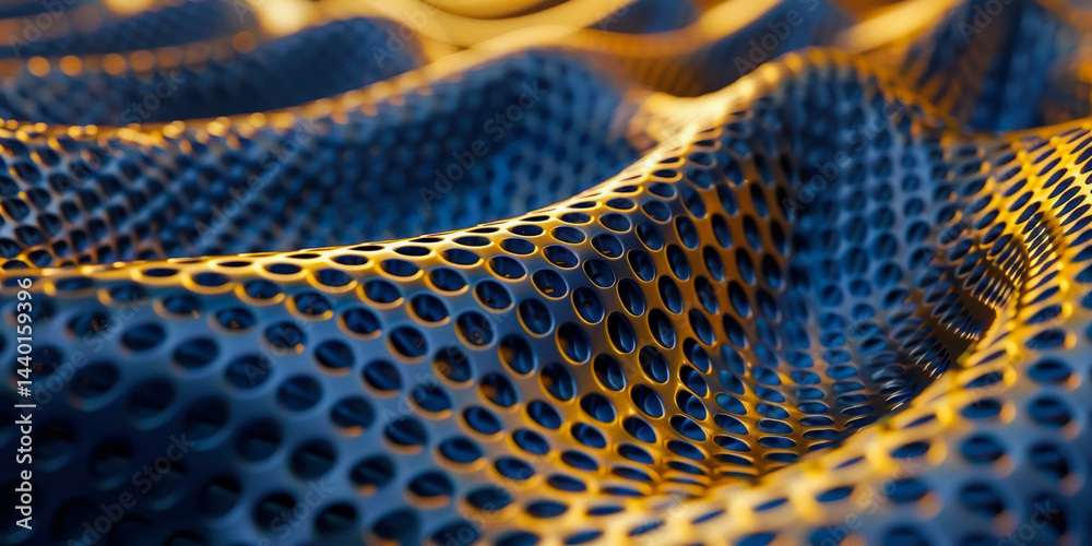 Abstract fractal metallic pattern in blue and gold tones forming flowing surface texture, ideal for technology themes, modern design, scientific visuals, futuristic backgrounds