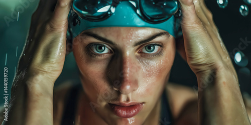 Obraz na płótnie Focused female swimmer adjusting swim cap with intense look in wet environment, ideal for sports marketing, fitness promotions, motivation campaigns and competitive spirit visuals w salonie