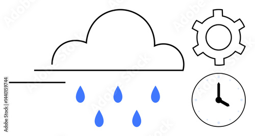 Cloud releasing rain, gear symbolizing mechanisms, and clock indicating time. Ideal for weather, technology, automation, productivity, management, process flow and simple landing page