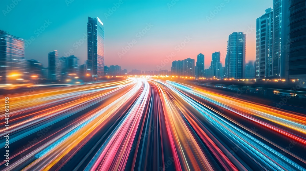 Fototapeta premium Futuristic Cityscape with High-Speed Transportation Infrastructure and Blurred Motion