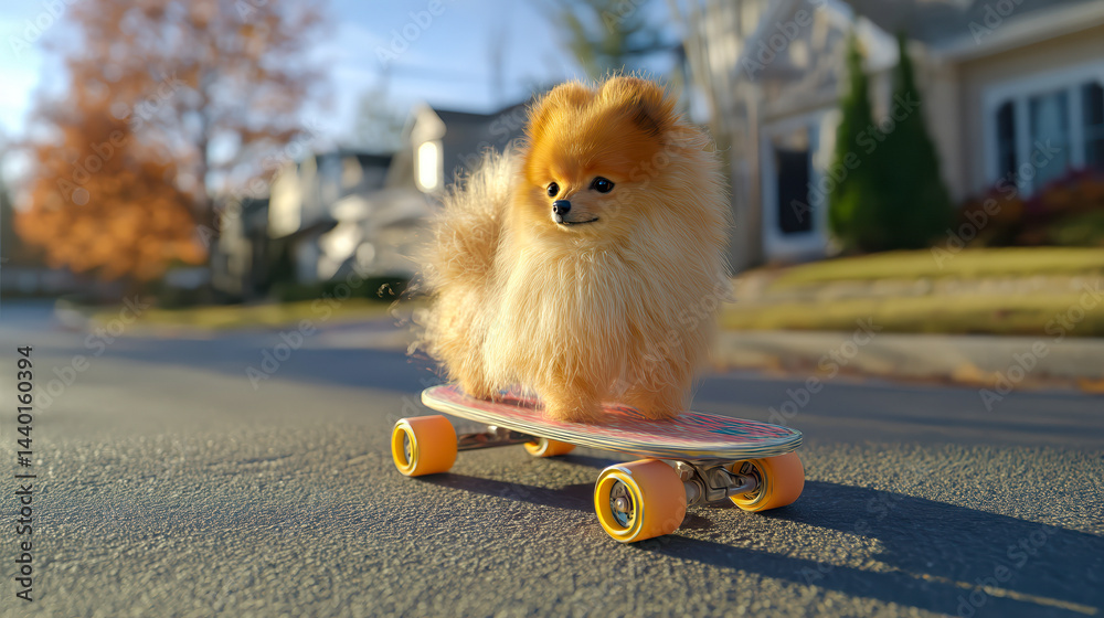 Adorable fluffy Pomeranian dog riding skateboard along sunny suburban street, perfect for pet lifestyle campaigns, playful advertising, animal companionship and cheerful outdoor promotions
