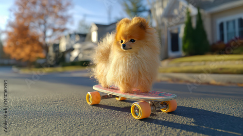 Obraz na płótnie Adorable fluffy Pomeranian dog riding skateboard along sunny suburban street, perfect for pet lifestyle campaigns, playful advertising, animal companionship and cheerful outdoor promotions w salonie