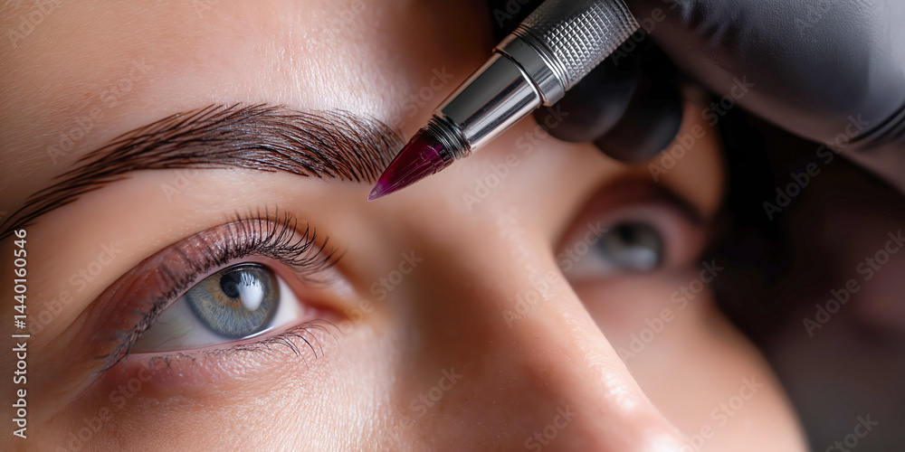 Professional beautician carefully performing eyebrow tattoo procedure on woman's face in beauty salon, ideal for beauty services promotion, cosmetic marketing and personal care advertising