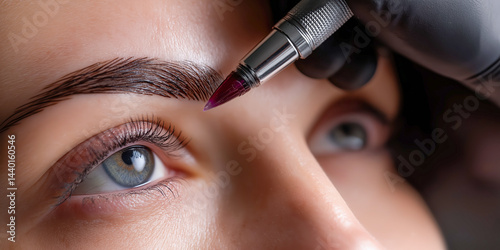 Obraz na płótnie Professional beautician carefully performing eyebrow tattoo procedure on woman's face in beauty salon, ideal for beauty services promotion, cosmetic marketing and personal care advertising w salonie