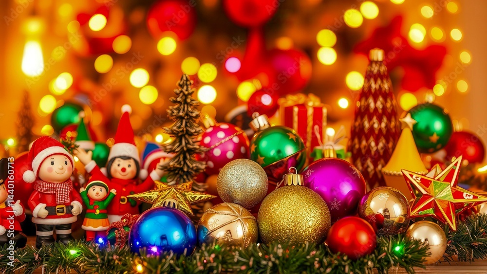 Bright New Year's decorations create an atmosphere of celebration and coziness. Shiny balls, garlands and toys shimmer in the warm light. The magic of Christmas night. Bright New Year's decorations create an atmosphere of celebration and coziness. Shiny balls, garlands and toys shimmer in the warm light. The magic of Christmas night.