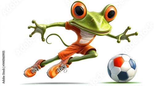 Cartoon frog playing soccer.