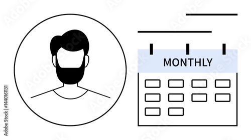 Circular male profile icon beside grid-style monthly calendar page with Monthly text header. Ideal for time management, organization, planning, appointments, productivity, schedules, flat simple