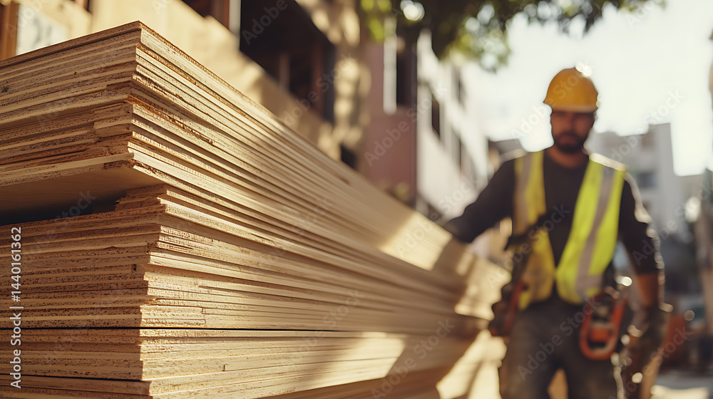 Construction Worker with Plywood at Site