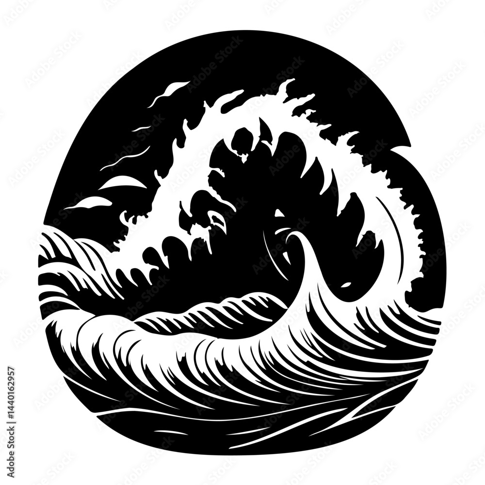 Naklejka premium Stylized monochrome ocean wave illustration, showcasing powerful crest and form