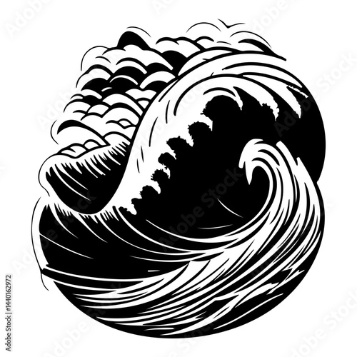 Dynamic monochrome depiction of a formidable ocean wave surging powerfully forward