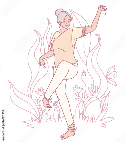A vibrant and colorful illustration of a dancer joyfully expressing herself amidst beautiful floral elements and nature