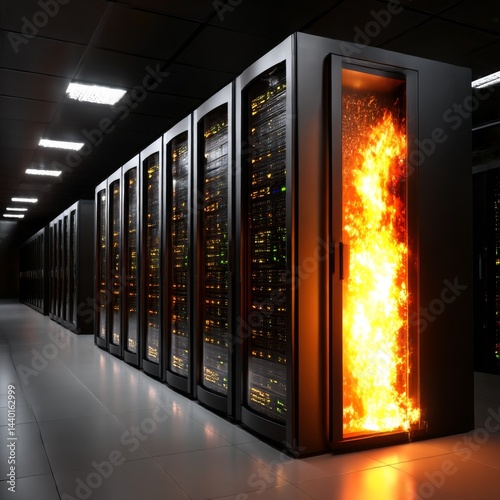 Data Center Inferno: A Server Rack Engulfed in Flames, Highlighting Cybersecurity Risks and Potential System Failures
