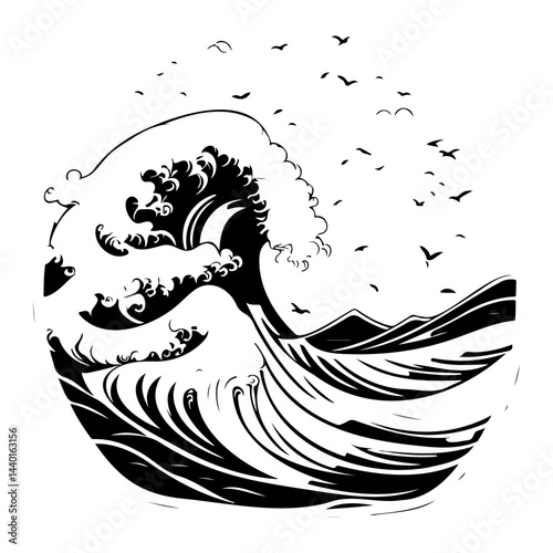 Dynamic monochrome illustration: Ocean wave with birds in flight silhouette