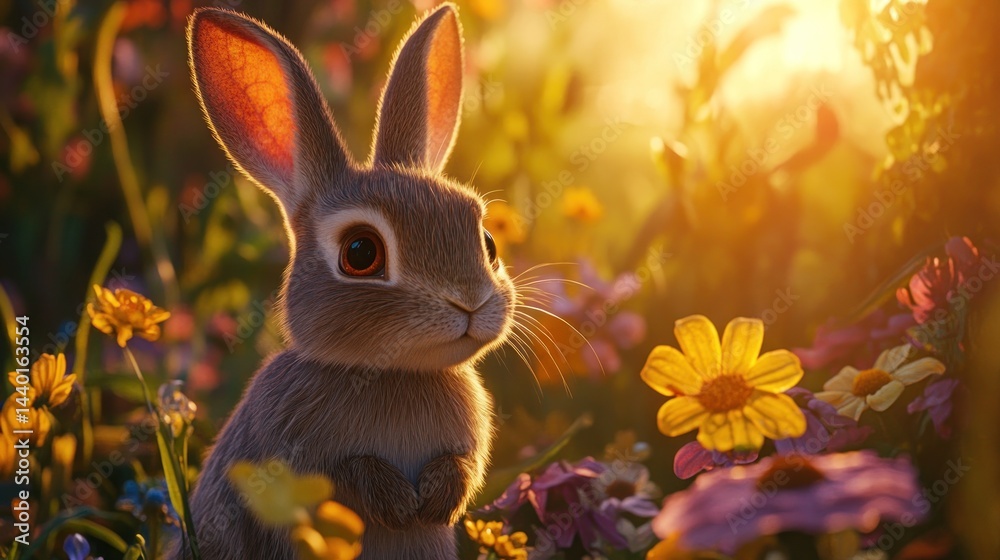 Fototapeta premium Bunny Meadow Sunset, Spring Flowers