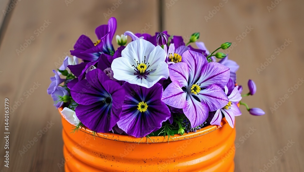 custom made wallpaper toronto digitalRustic Orange Tin Displaying Purple, White, and Cyan Lobelia, Iceland Poppy, and Clematis