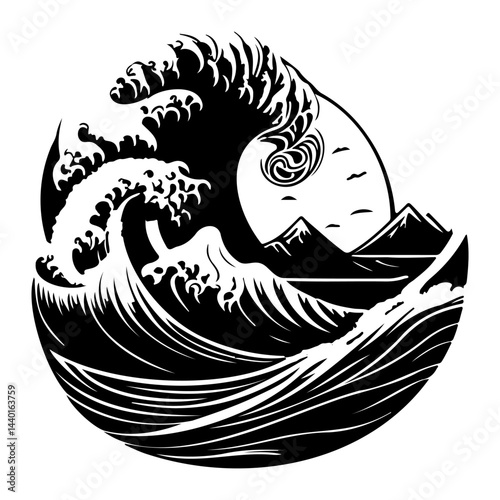Dynamic monochrome ocean wave cresting against a silhouetted mountain landscape