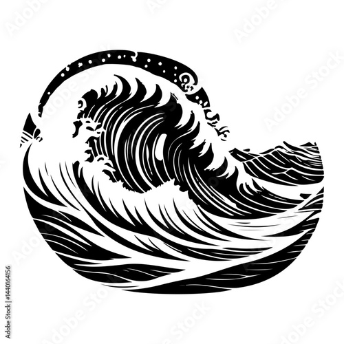 Monochromatic depiction of a stylized water wave cresting with dramatic flair
