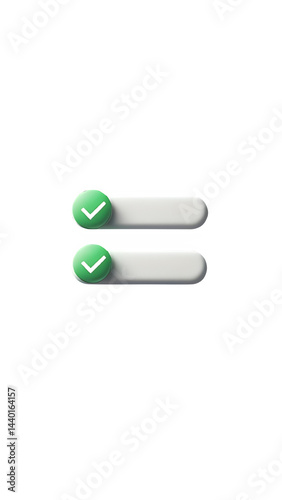 Minimalist 3D checklist with three green check marks and blank white labels on a black background.