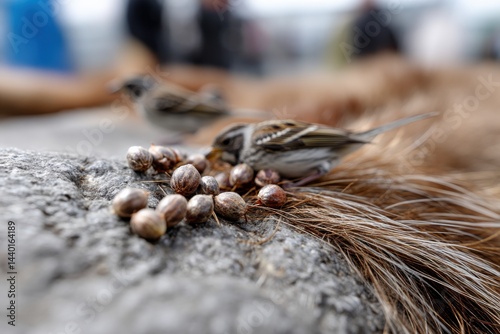 A close-up shot capturing birds pecking at seeds scattered on a rocky surface, illustrating their natural behavior and the beauty of wildlife interacting with their environment.