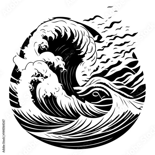 Monochrome circular depiction of oceanic swell with stylized sea birds overhead