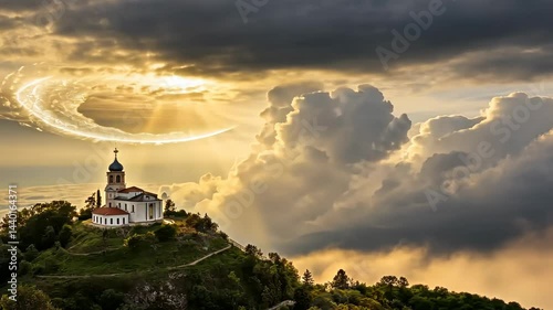 Breathtaking sunset illuminates ancient chapel atop a mountain peak surrounded by majestic clouds Generative AI