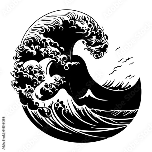 Monochrome representation of a powerful ocean wave with distant land features