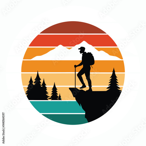 Rocky Mountain Hiker on vintage retro background Vector, Hiker Looking Over The Mountain Range