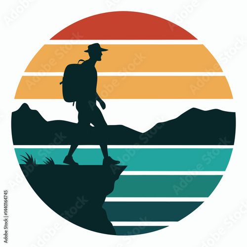 Rocky Mountain Hiker on vintage retro background Vector, Hiker Looking Over The Mountain Range