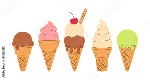Hand drawn icon, logo of melted scoop of vanilla, classic creamy soft ice cream in waffle cone. Isolated on white background. Summer Creme Brulee, flavor. Minimalistic flat vector EPS10