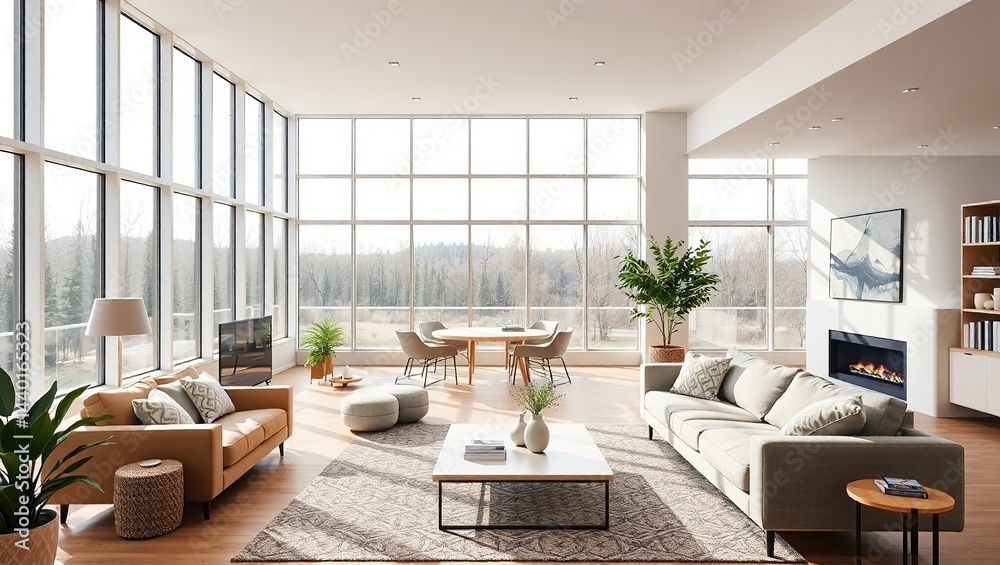 Fototapeta premium Modern Open Concept Living Space with Large Windows