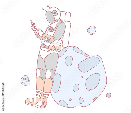 An astronaut checks a hightech device while leaning against an asteroid in space, enjoying the sights
