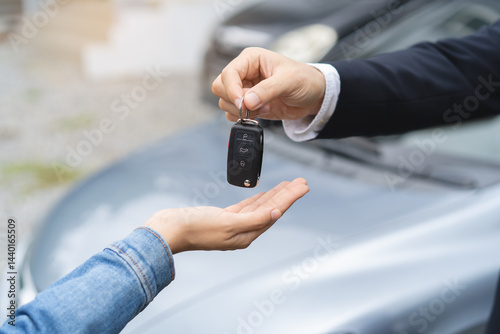 transportation rental automotive business concept. Close up hands of rental auto agent giving car remote key to client to travel sightseeing. photo