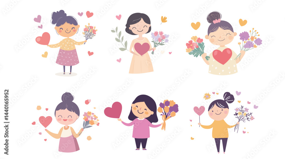 A flat vector illustration of a mother character smiling warmly, radiating love and care, ideal for family, motherhood, and joyful lifestyle graphics. A flat vector illustration of a mother character smiling warmly, radiating love and care, ideal for family, motherhood, and joyful lifestyle graphics.