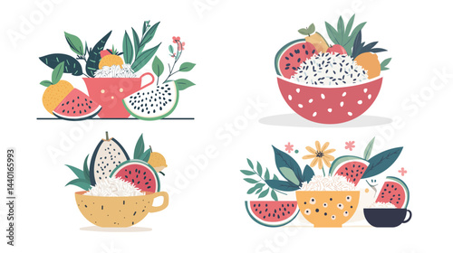 Colorful Flowerpot Filled with Dragon Fruit and Grapes – Fresh Exotic Fruit Arrangement Vector Illustration
