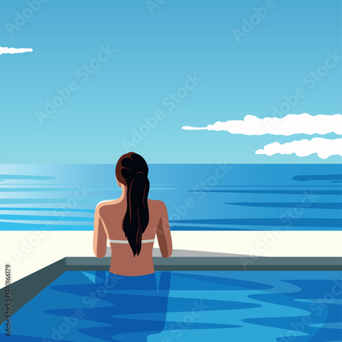 Summer holidays. Hello summer. Woman back view on vacation swimming and sunbathing in the pool on the background of the sea. Vector illustration. Use for projects vacation, travel and tourism