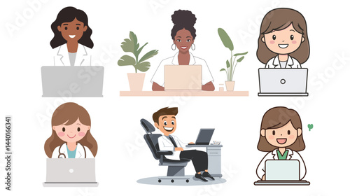 A happy white-coat therapist in laptop vector illustration.